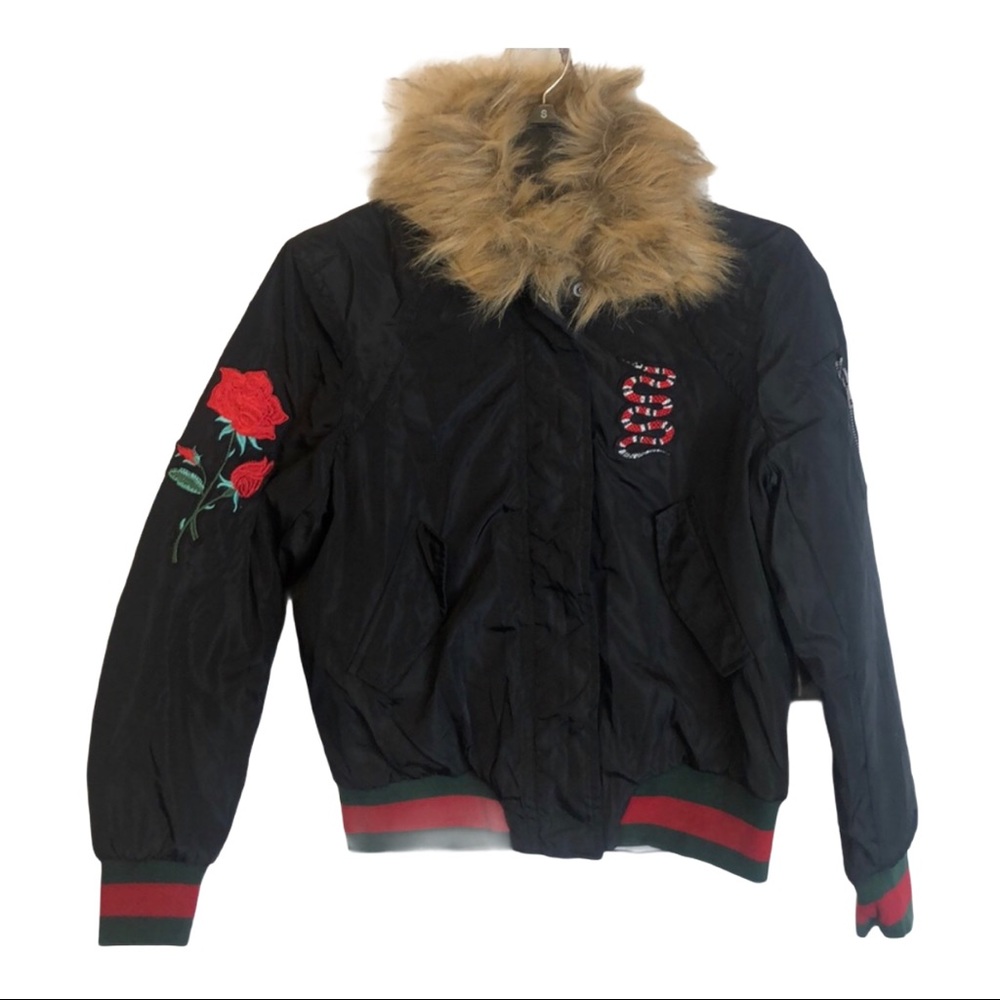 Rose & snake appliqué faux fur collar bomber‎